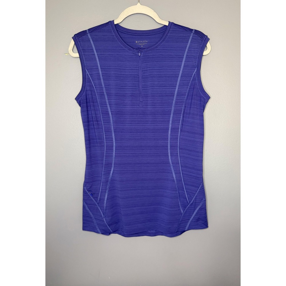 Athleta Tank Top Womens M Purple Stripe 1/4 Zip Pocket Athletic Running Gym